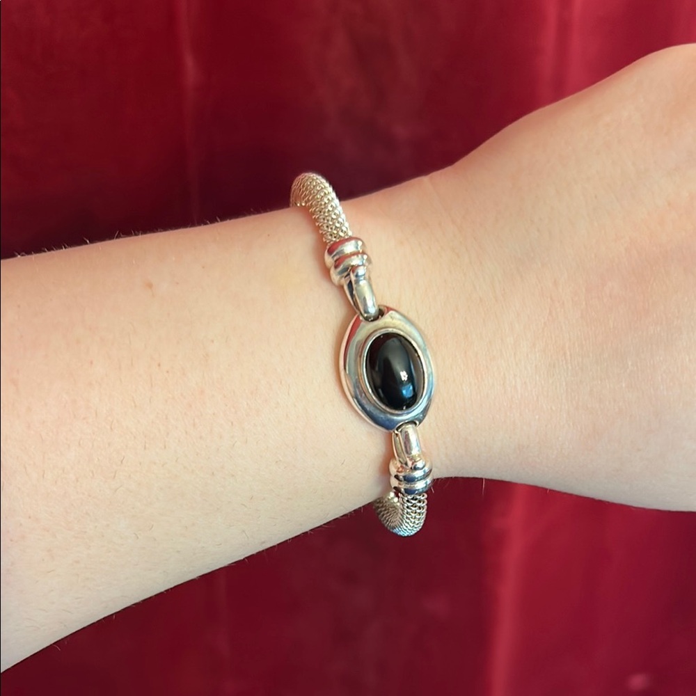 Vintage Joseph Esposito 925 Sterling Silver Onyx Mesh Band Bracelet